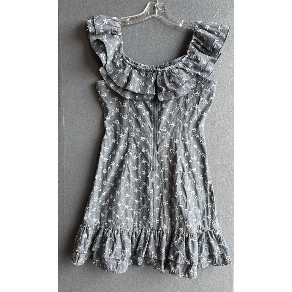 Chelsea & Violet Blue Chambray Floral Embroidered Ruffle‎ Mini Dress Small